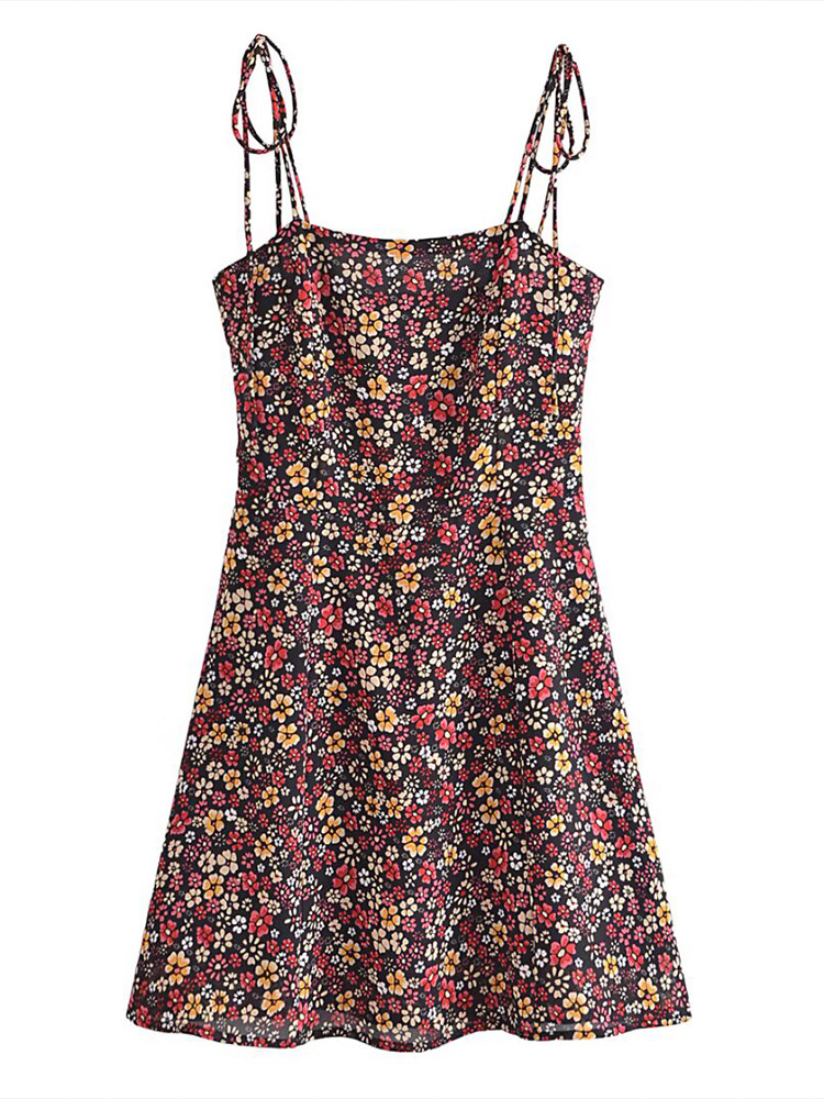 2025 New Summer Women's Clothing, Elegant French Retro Floral Print Slimming Waist-Cinching Tie Strap Dress