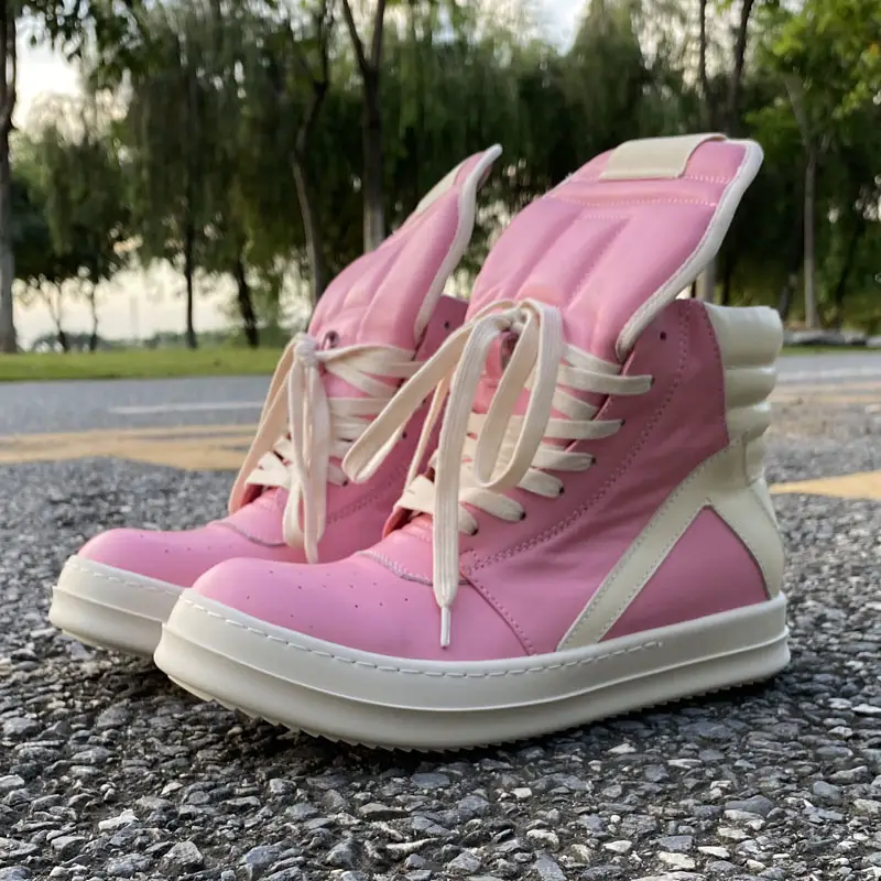 2025Ssro Fabled Fashion Trendy Shoes Inverted Triangle Pink Genuine Leather High-Top Shoes Men's Work Shoes Thick Sole Trendy