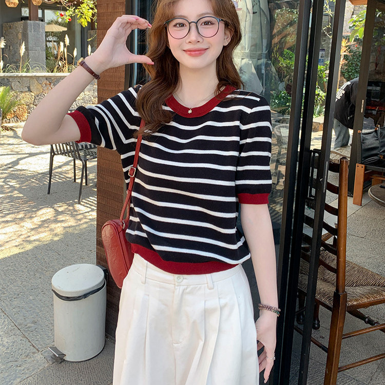 Ice Silk Short-Sleeve Knit Top for Women, Thin Striped T-Shirt, Plus-Size Korean Style Base Layer, Half-Sleeve, 2026 Summer New Model