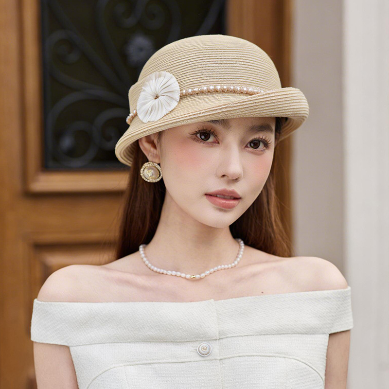 British-Style Summer Faux Linen Hat with an Elegant Feel, Linen Floral Hat, Hepburn Pearl Bud Hat, Straw Sun Hat