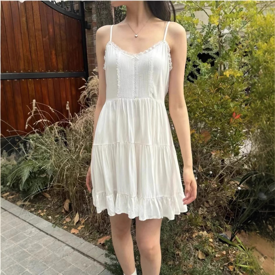 Brandy BM new white lace bow sling dress bm all-match small cake dress