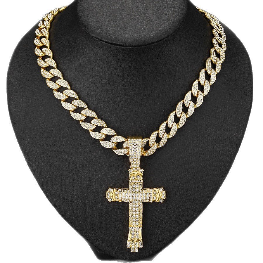 Manufacturer Cross-Border Supply Personalized Cross Niche Design Street Style Full Diamond Clasp Cuban Necklace Jewelry for Men