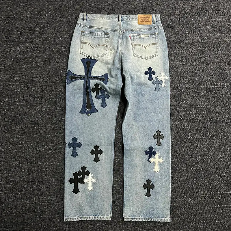 2025 New arrival Trendy Classic Embroider Denim Washed Cross Wide Leg Men and Women Loose Casual Straight-leg pants