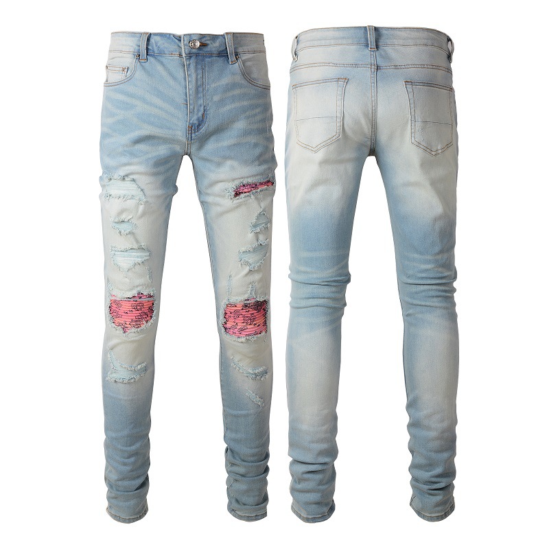 Cross-Border Men's Jeans Men's High Street Cashew Flower Light Colorful Hole Patch Beggar Pants Men's Slim Pants