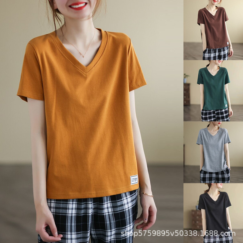 Summer New Short-sleeved T-shirt Women's Loose V-neck Casual Padded Base Shirt Top Artistic Comfortable Loose