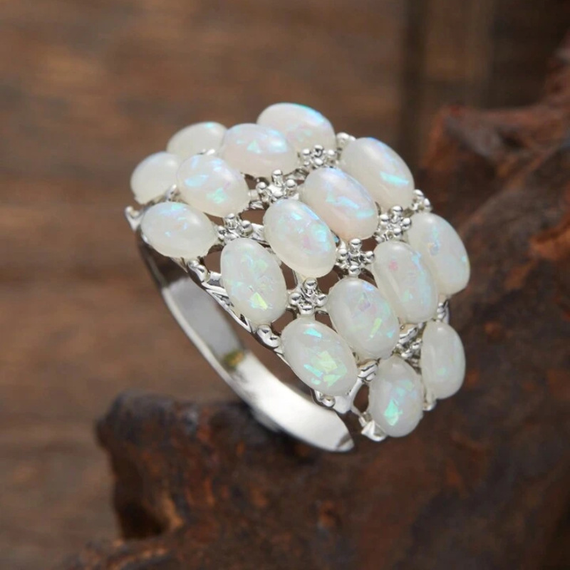 Amazon Independent Station New Four-Row Oval Opal Ring Environmentally Friendly Alloy Cross-Border E-Commerce European and American Ring Wholesale