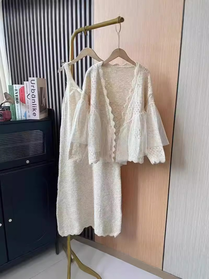 Mint Mambo Design Niche suit Sling dress Women's Mesh Patchwork Knitted Cardigan Super Fairy Two-piece Set