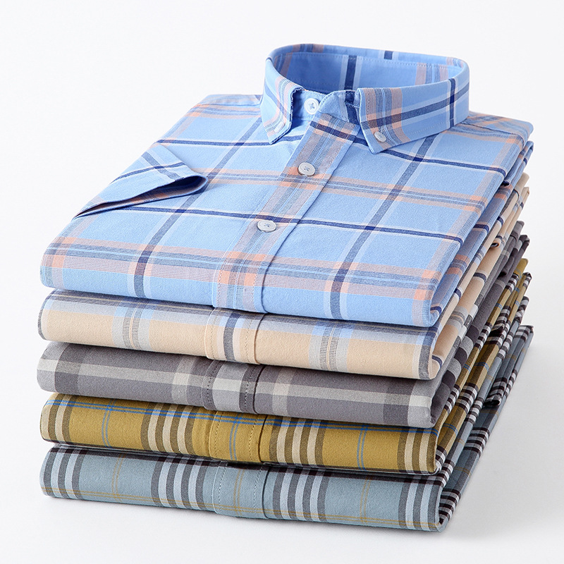 New Summer Plaid Short-sleeved Shirt Cotton Oxford Anti-wrinkle Breathable Thin Trendy Casual Plaid Shirt for Men
