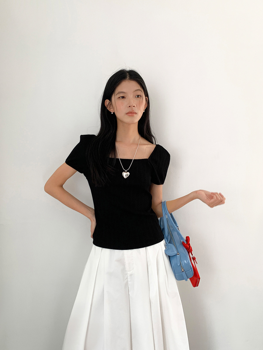Love and Nancy Guangzhou Thirteen Lines Xia Original New Korean Style Square Neck Puff Sleeve Ribbed High-Quality T-Shirt 22416