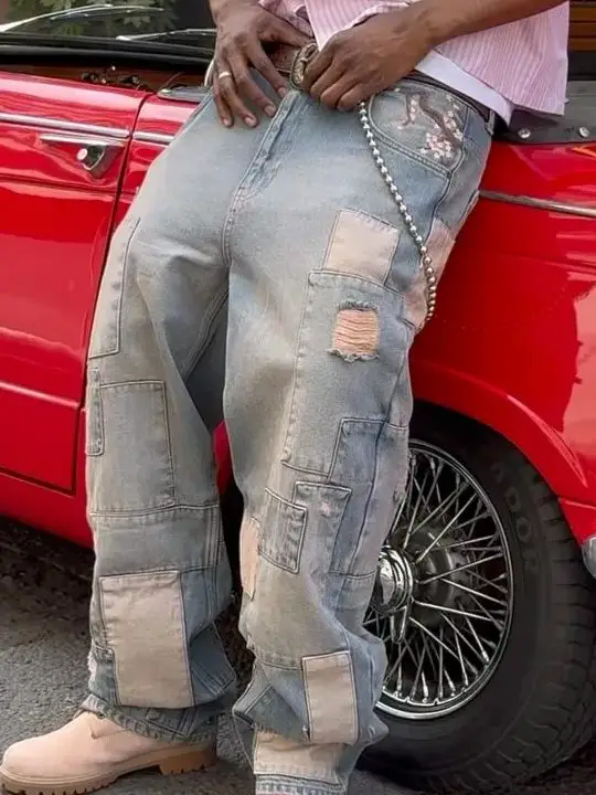 Vintage Washed Loose Embroidered Ripped Jeans