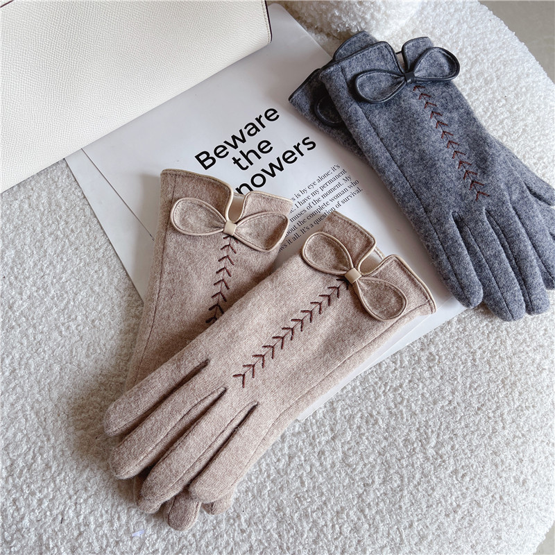 Warm gloves winter ladies velvet padded bow wheat wool gloves autumn and winter driving riding touch screen