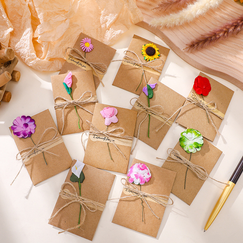 Creative DIY Retro Cowhide Handmade Dried Flower Greeting Card Amazon Lover Teacher's Day New Year Blessing Flower Card