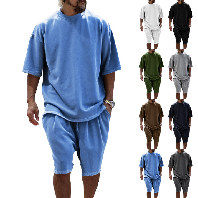 Amazon Cross-Border Men's Casual Sports Suit, Loose Terry Summer Short-Sleeve Shorts, Trendy European and American Men's Clothing