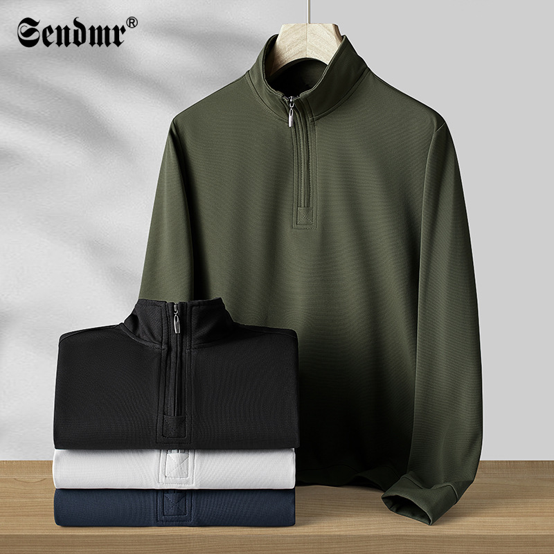 Autumn and Winter New Half Zipper Vertical Collar Long Sleeve Pullover Men's Sweat Casual Sports Loose Breathable Top for Young Men