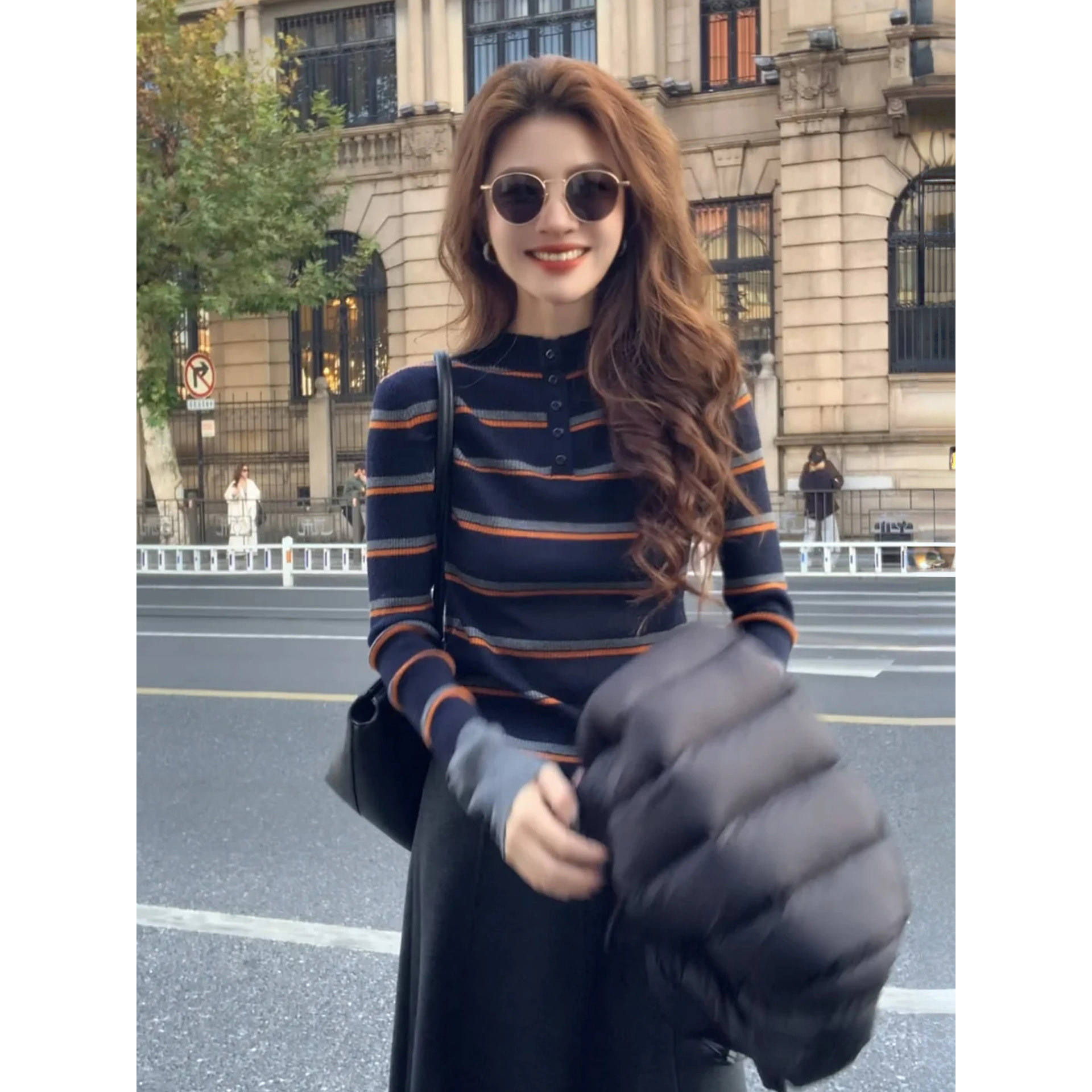 High-End Contrasting Stripesd Knitwear Women's Half Turtleneck Buttoned Long-Sleeved Knitwear Autumn and Winter Slim Inner Layering Top