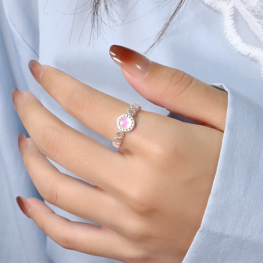 Moonstone Lace Edge Ring Geometric Hollow Round Rainbow Zircon Ring Ins Niche Advanced Sense Joint Ring