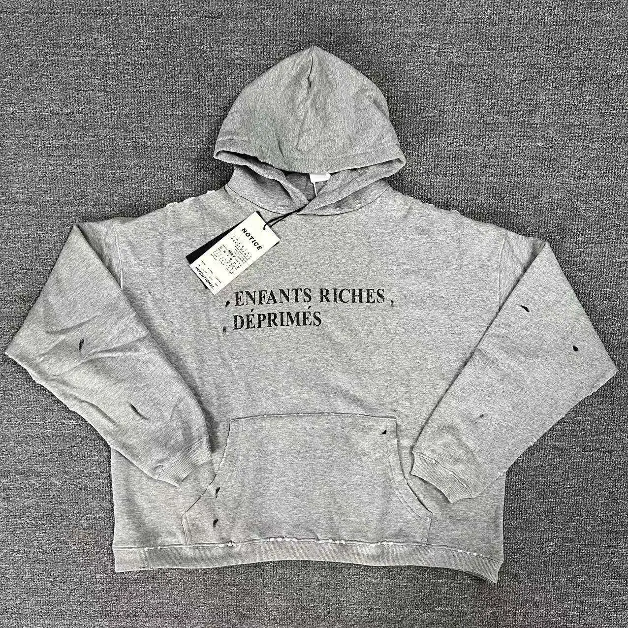 American Retro Erd Melancholic Rich Kid Classic Slogan Ink-Splattered Hooded Sweatshirt with Distressed Holes, Loose and Casual
