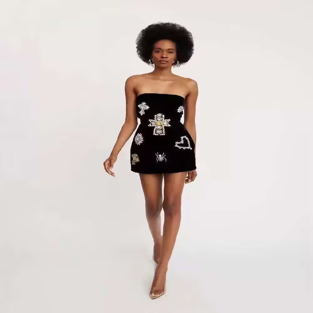 New American Hot Girl Sexy Spliced ​​Lace Tube Top Women's Slim Fit Irregular Slit Jumpsuit Miniskirt