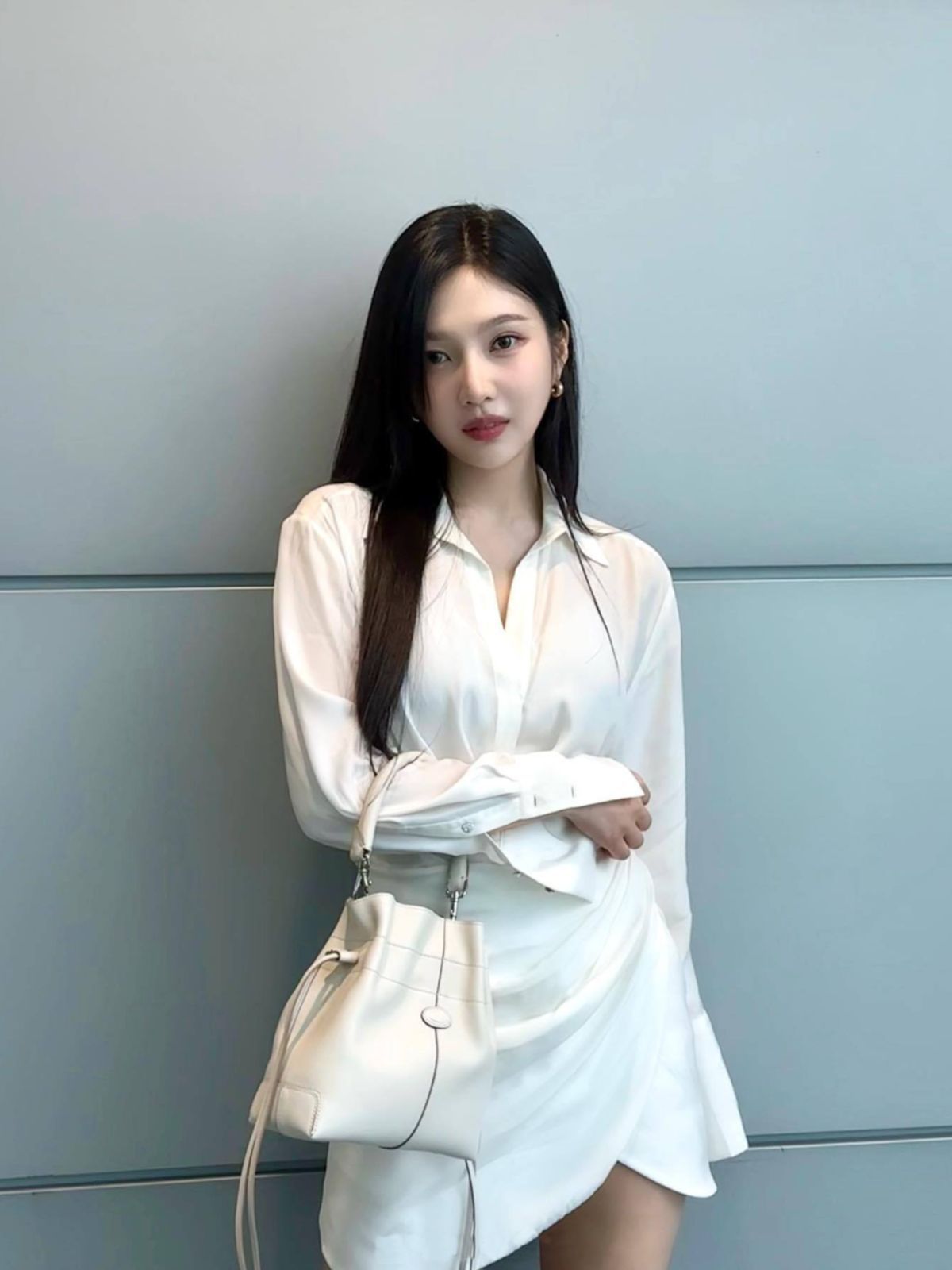 25 Early Spring New Sexy Elegant White Satin Asymmetric Pleated V Neck Shirt Wrap Dress for Women