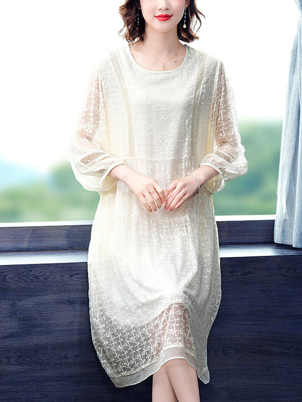 Hangzhou's New Summer 3D Silk Embroidered Mulberry Silk Dress Is Loose and Slimming, Round Neck, Elegant Long Dress with Short Sleeves