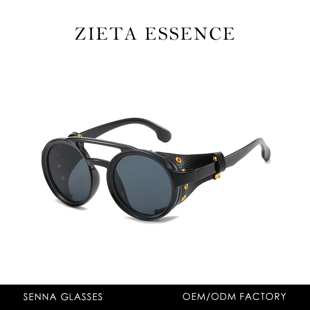 Round punk leather street photo European and American sunglasses hip-hop personality ins wind glasses for men and women cross-border wholesale