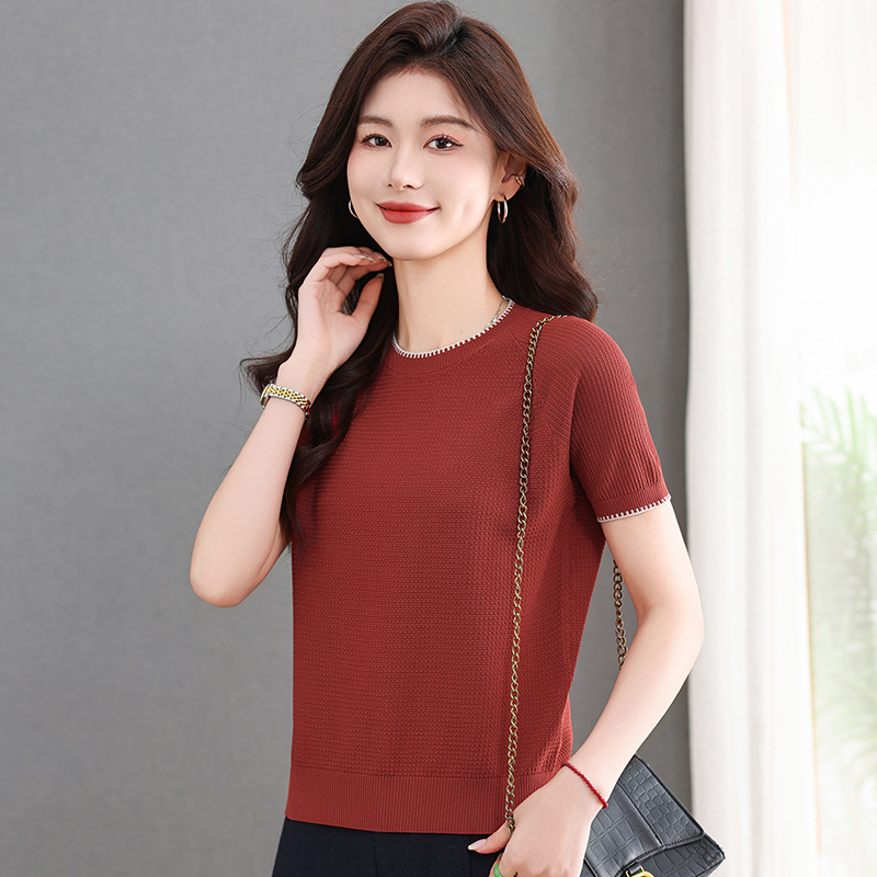 Ice Silk Short-Sleeve T-Shirt for Women, Summer New Stylish Loose Knit Top, Versatile Round Neck Loose Base Shirt, Short Trendy Style