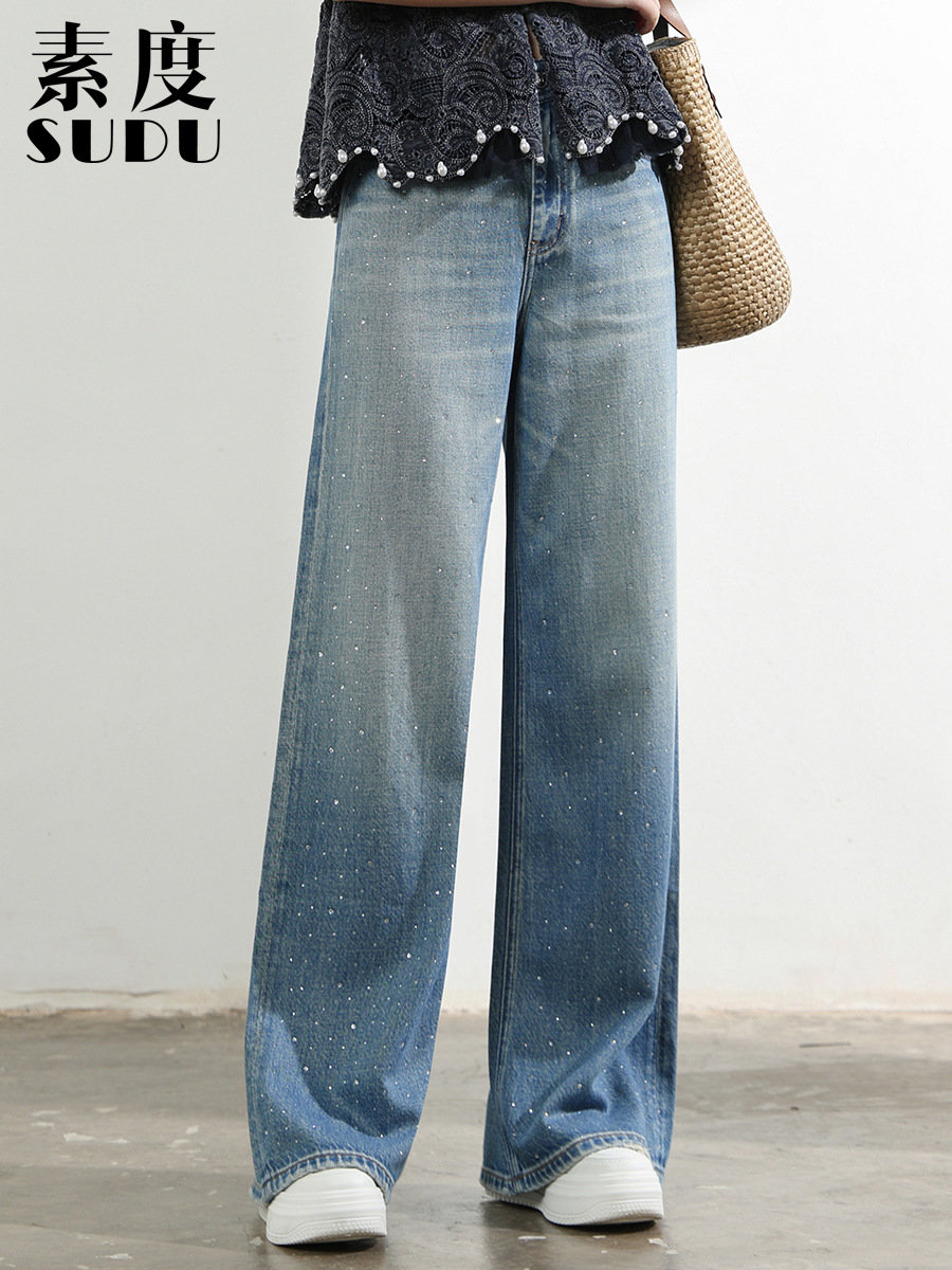 Sudu's New Popular Hemp Denim Jeans for Women, with Rhinestones, Washed Blue, Loose Fit, Drapey Wide-Leg Pants, Made of Lyocell Cotton
