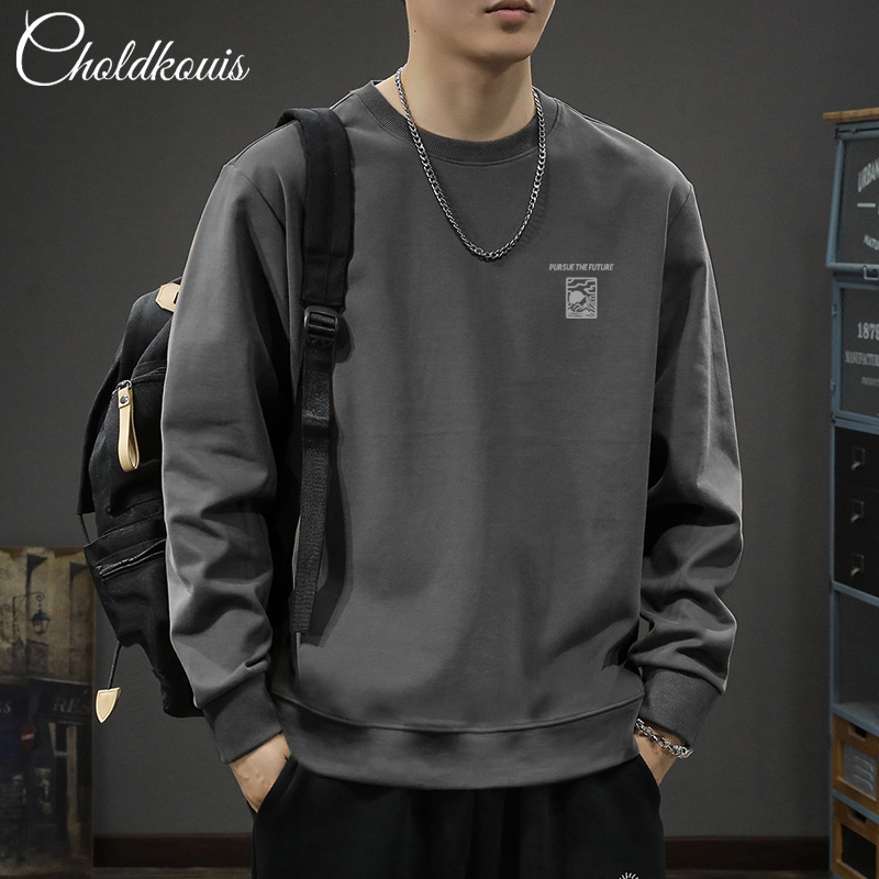 Japanese Style Simple Solid Color Sweater Men's Round Neck Loose Plus Size Plus Size Fat Sports Top Black All-match Hoodie