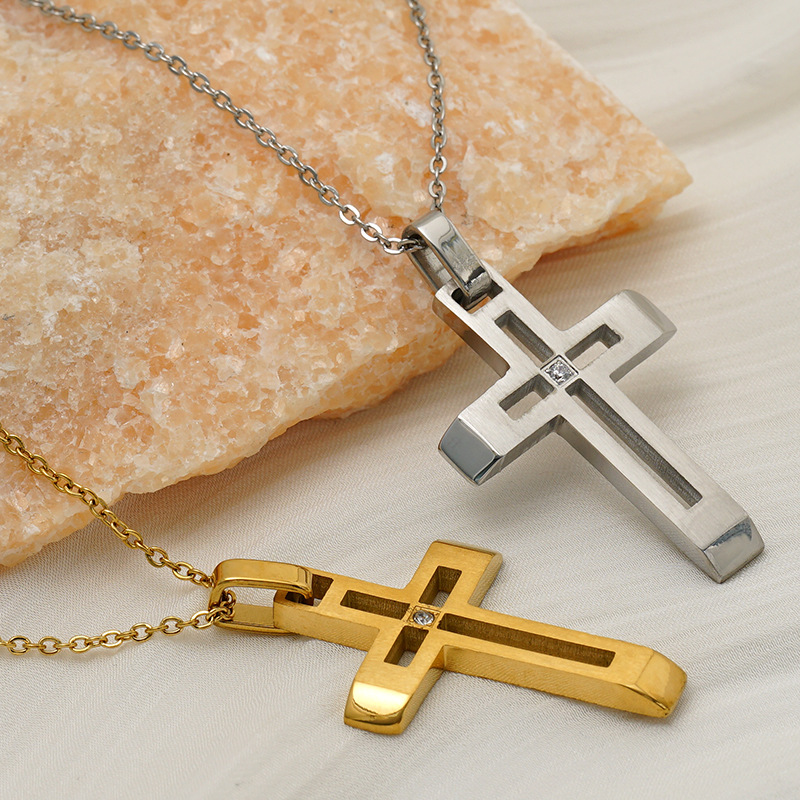 Fashionable Minimalist Style Hollow Key Cross Necklace, Stainless Steel Electroplated with 18K Gold, Ins-Style for Women