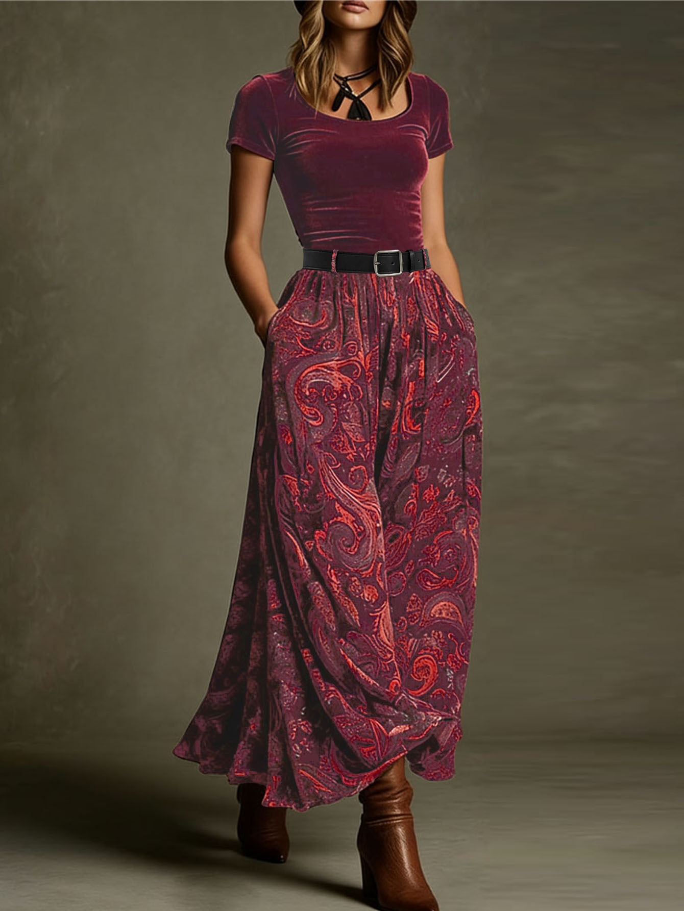 2026 European and American Cross-Border New Velvet Patchwork Paisley Print Long Dress Elegant Temperament Large Hem Dress for Women