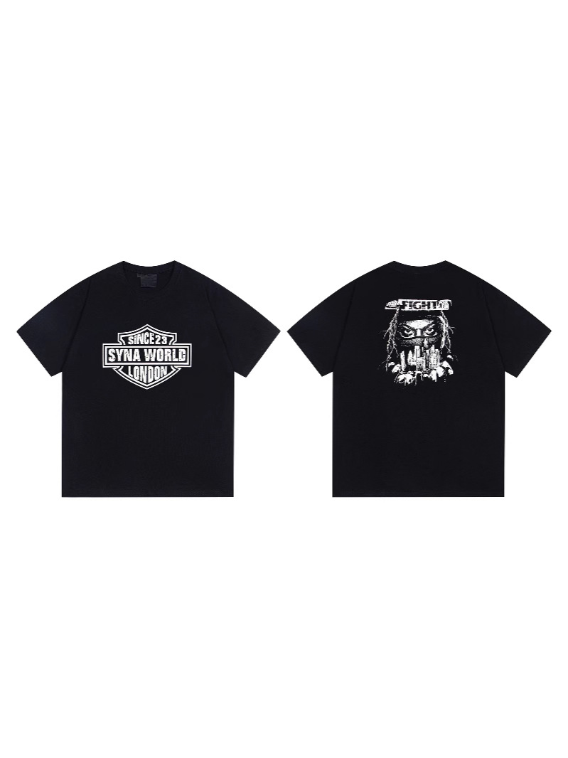 Cross-Border Exclusive Trendy Brand Syna World Harley Motorcycle Letter Print Double Yarn Pure Cotton Unisex Short-Sleeve T-Shirt