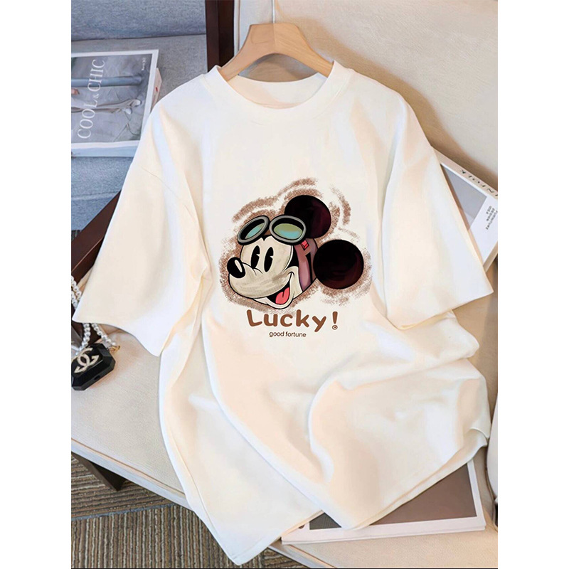 Pure Cotton Japanese Retro Print Short-Sleeve T-Shirt for Women, Spring/Summer 2024 New Popular Loose-Fit Student Half-Sleeve Top