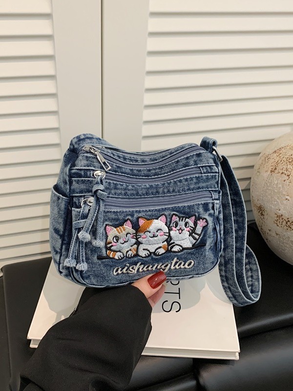 Cute Casual Korean-Style Embroidered Cat Phone Bag, Washed Denim Bag, Versatile Casual Personality Crossbody Bag, Trendy