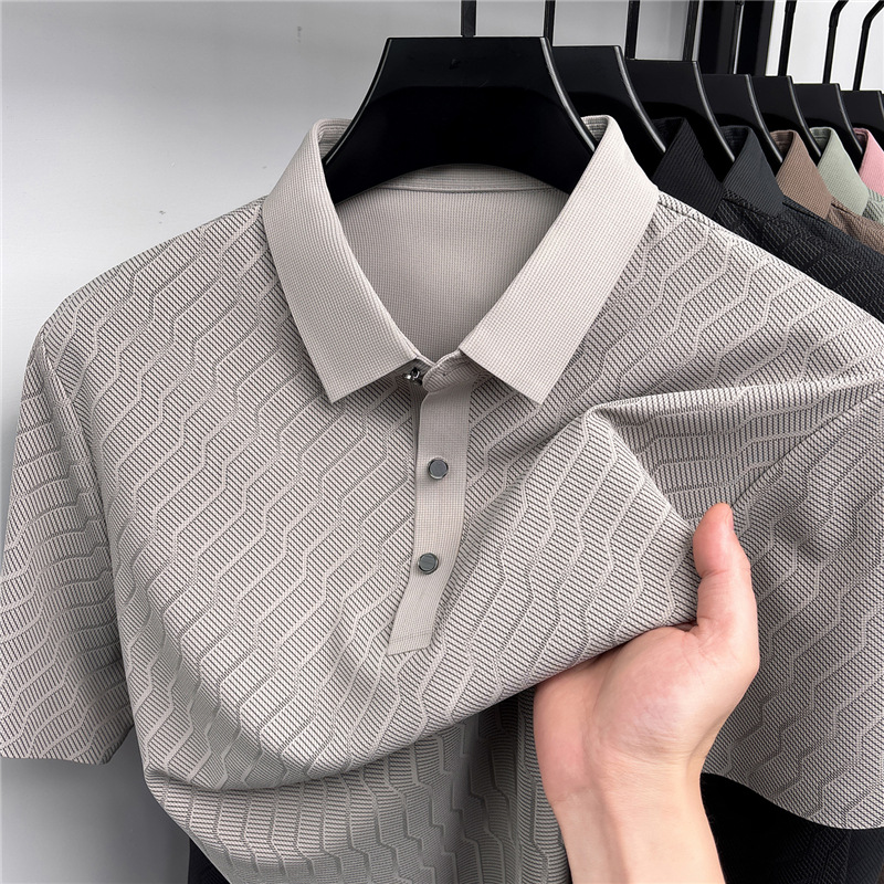 Summer New Short-Sleeved Men's T-Shirt Ice Silk Seamless Plaid Lapel Casual Fashion Versatile Polo Shirt Half-Sleeved Top
