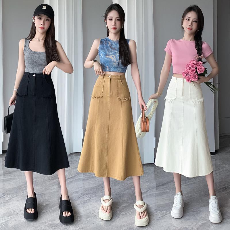 Real Shot Denim High Waist Retro Fishtail Skirt Women's Summer New Pear Shaped Body Slimming Mid-length A- line Half-length Skirt