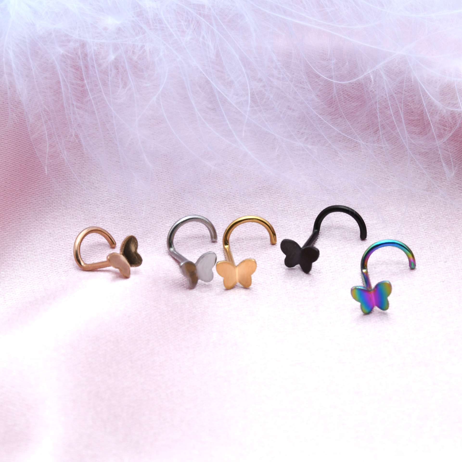 In-Stock European and American Style Personalized Vacuum Electroplated Stainless Steel Butterfly Five-Letter Nose Stud Piercing Jewelry Cute Girl Earrings