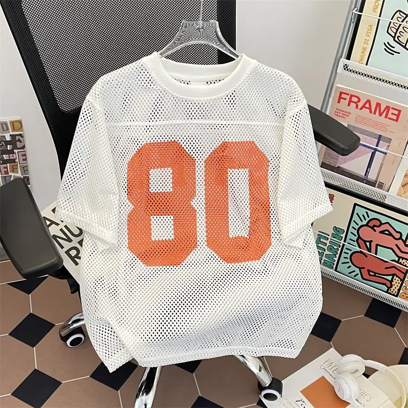 Mesh Hollow-Out Rugby Jersey Short-Sleeve T-Shirt for Men and Women, American Street Dance Hip-Hop Breathable Crew Neck Sports Top Jersey