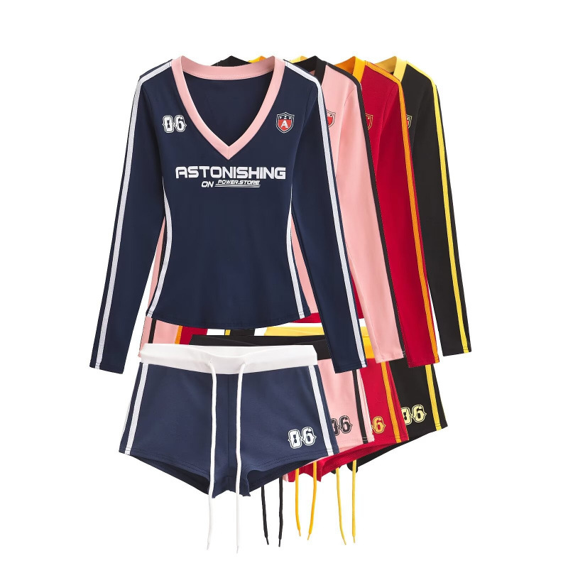 Women's Clothing Wholesale 2025 American Retro Hot Girl V-Neck Color-Blocking Printed Long-Sleeve T-Shirt Shorts Hot Pants Set Trendy Brand