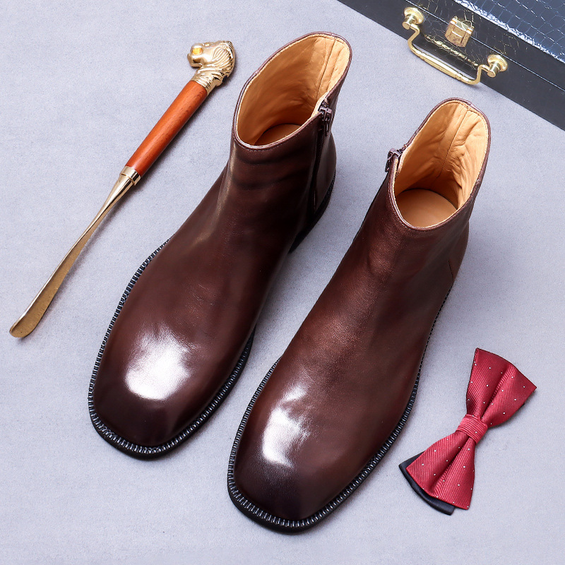 First-Layer Cowhide Chelsea Boots/British Retro Style Men's Genuine Leather Short Boots/Winter Fleece-Lined Warm Men's Leather Boots