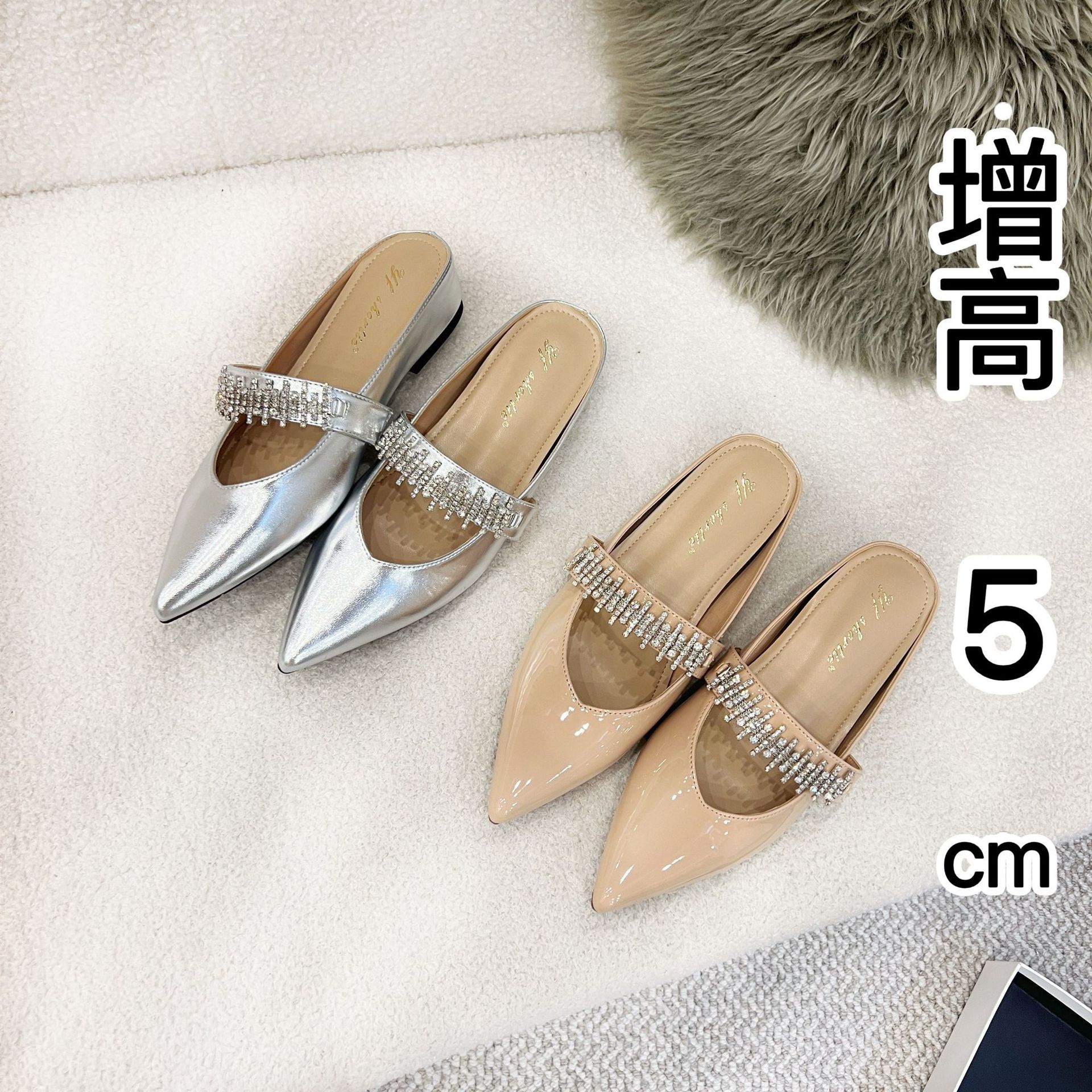 Women's Inner Height Increasing Shoes Rhinestone Half Mop with Baotou for Outer Wear 25 Summer New Fairy Style Pointed Soft Bottom Sandals