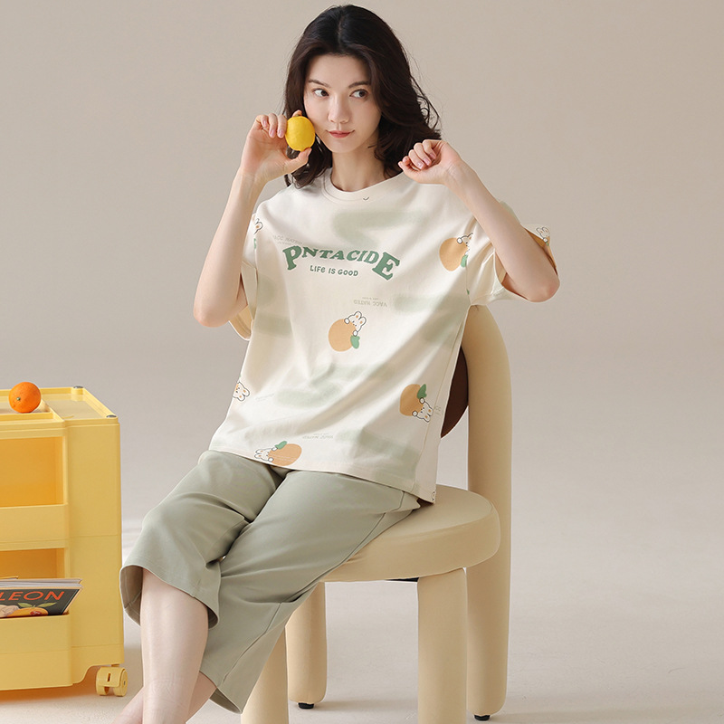 Summer Women's Home Clothes with Chest Pad Cotton Short-sleeved Capri Pants Korean-style Casual Student Home Clothes for Outer Wear