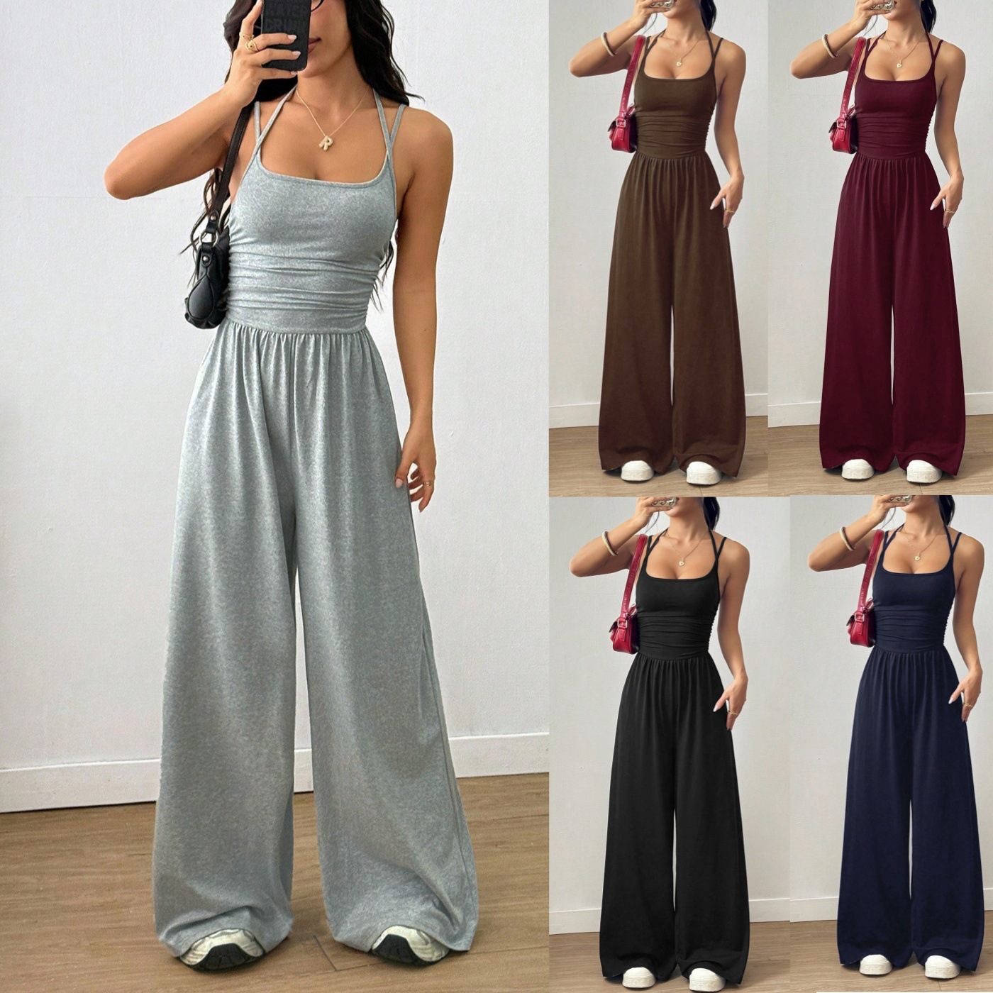 2026 Amazon European and American Cross-Border New Style Women's Casual Summer Wide-Leg Loose Strapless Waist-Cinching Jumpsuit