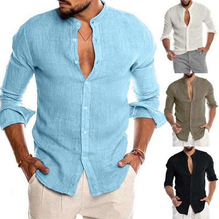 2026 Amazon Ebay Aliexpress Hot-Selling Item Autumn and Winter V-Neck Linen New Cardigan Stand-Up Collar Long-Sleeve Men's Shirt