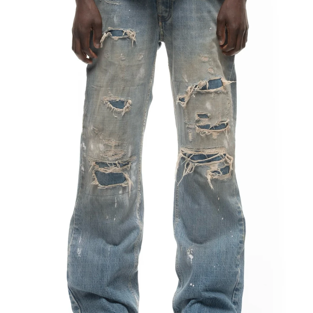 No Faith studios ITALY hand sewn, worn out, perforated, splashed ink straight leg boot shaped jeans for men and women
