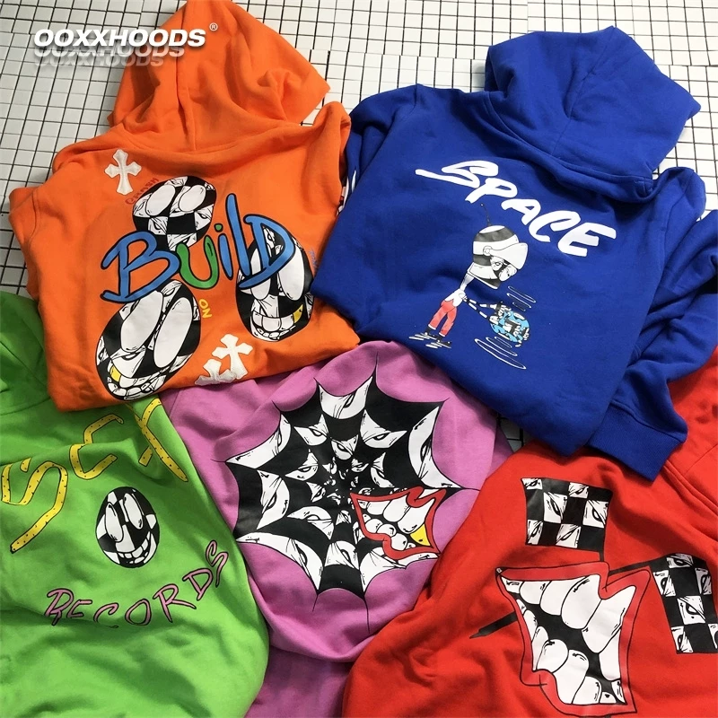 Rainbow color clown cartoon fun pattern cotton hooded thin section pullover sweater cross flower arm tide hooded