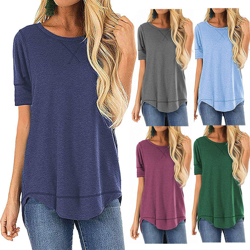 Amazon Ebay Amazon Short-Sleeved T-Shirt Short Front and Long Back Top Pure Color Round Neck European and American Clothing 2024 Summer Clothing