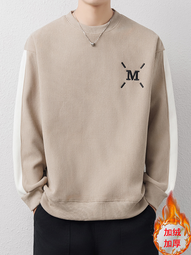Winter Corduroy Crewneck Sweater fleece-lined Men's Base Shirt Junior Senior high school Color-block Thickened Warm Top