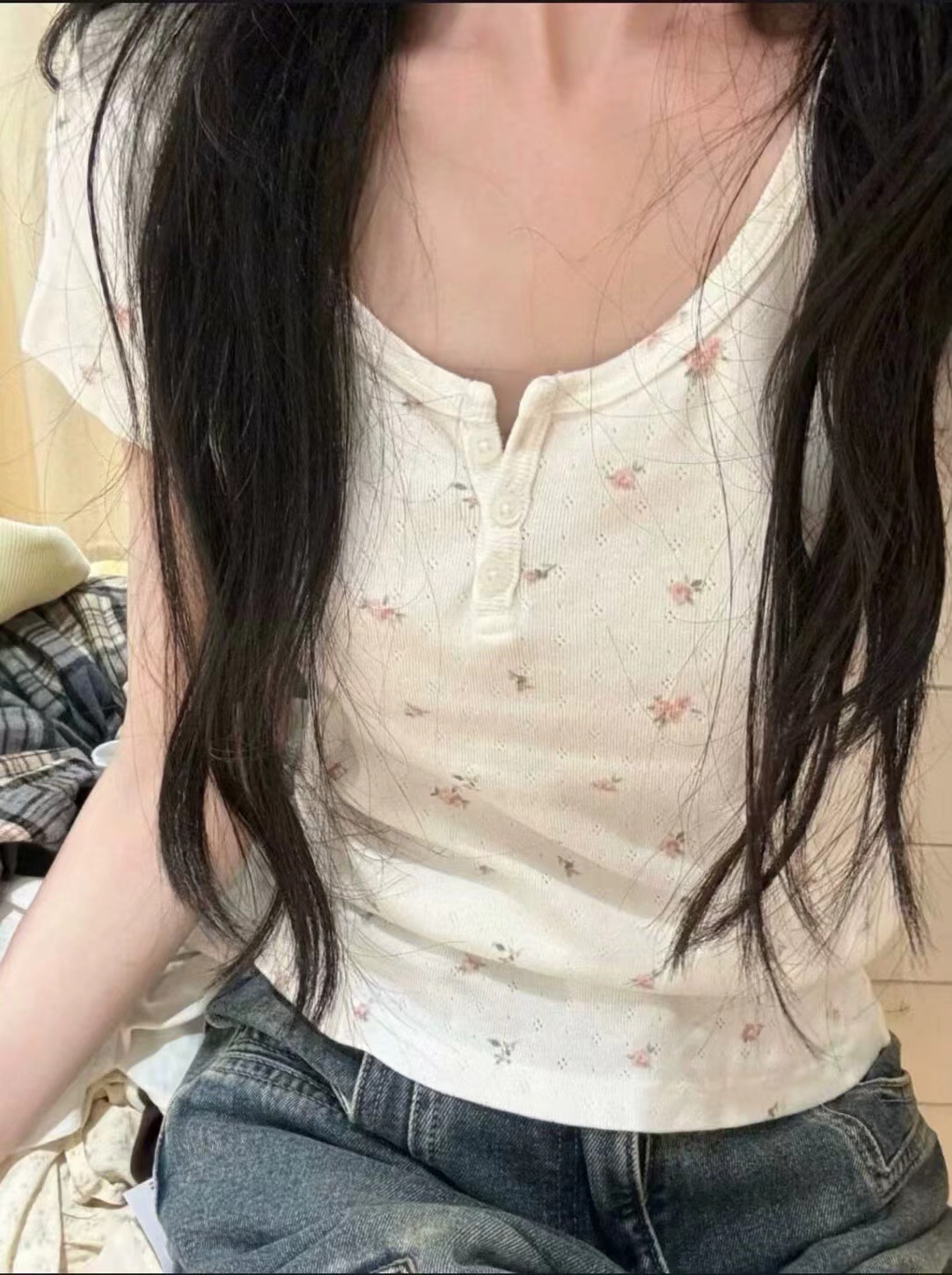 Brandy BM New American Round Neck Three-button Floral Short-sleeved T-shirt Women's BM Slimming All-match Sweet Top for Summer