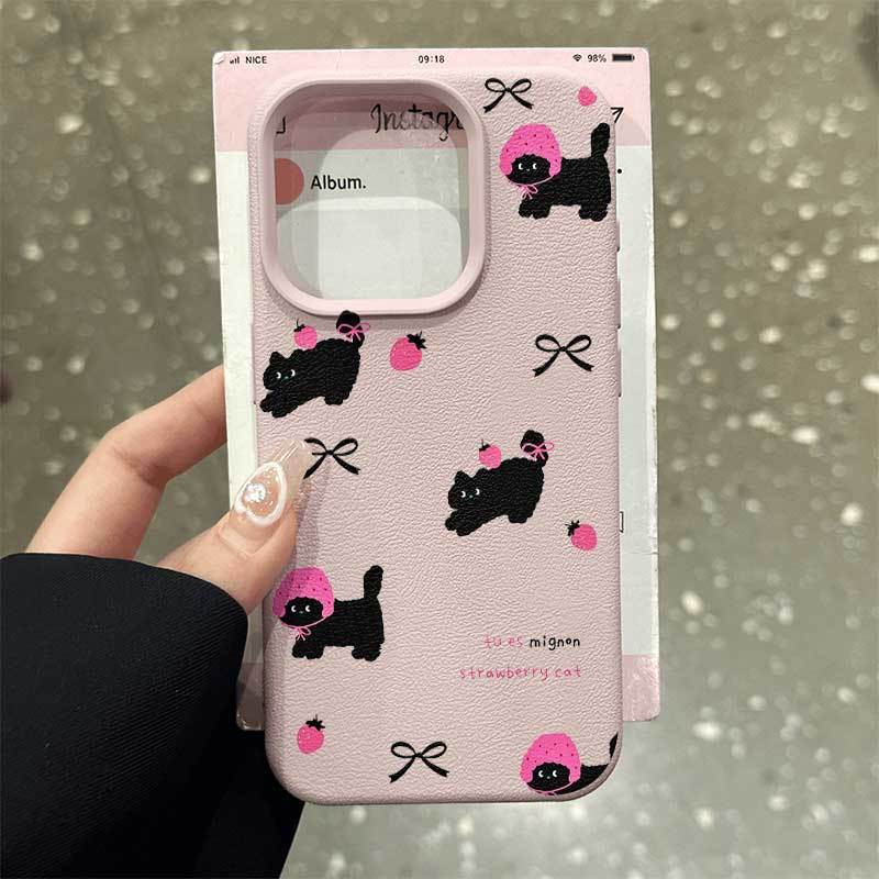 Strawberry cat for apple 15 16promax mobile phone case litchi pattern soft shell large hole 11 12 cartoon 13p