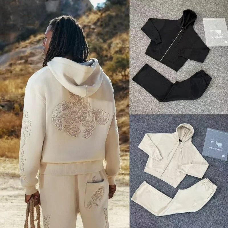 高版本Derschutze街头贴布刺绣LOGO加绒开衫连帽卫衣休闲长裤套装